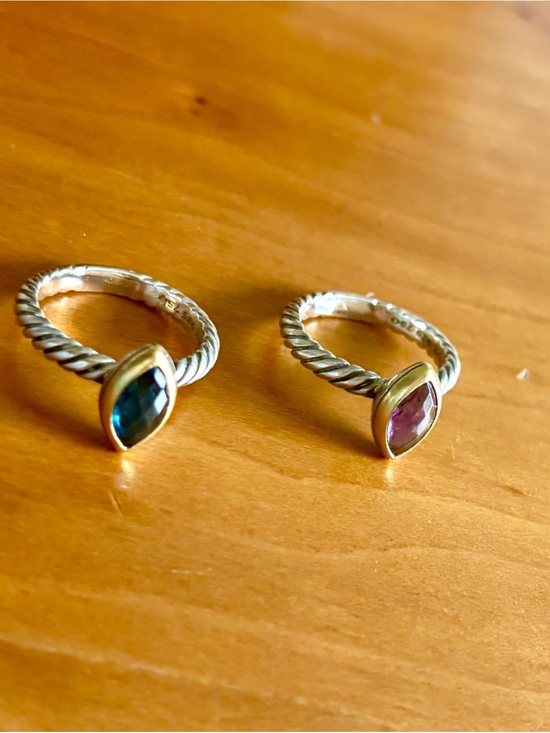 David Yurman Jewelry - Authentic David Yurman Twisted Cable Rings with Teal and Pink Marquise Stones.